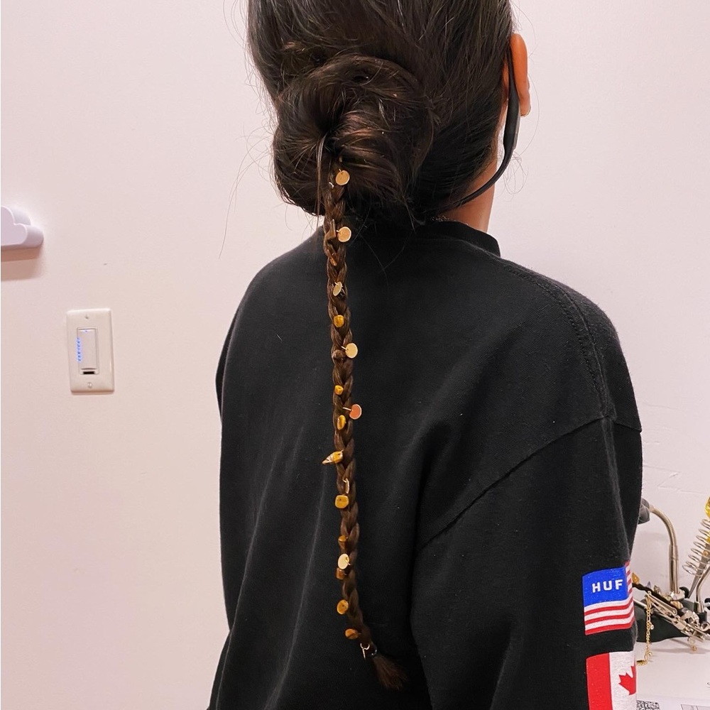 Braid with Gold Discs and Tiger's Eye Accents ClipIn Hair Extension Dark Brown